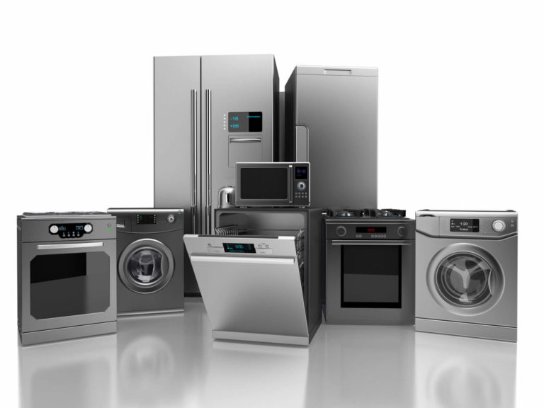 Image of assorted appliances we service in Calgary, AB, including refrigerator, dishwasher, washer, dryer, oven, and microwave.