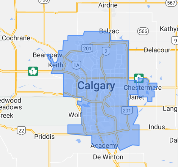 A map outlining the the service area in which we perform appliance repair in Calgary.