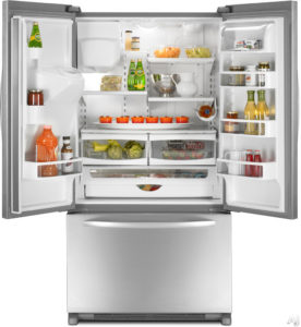 An image of a french-door style Whirlpool refrigerator with both of its door open.